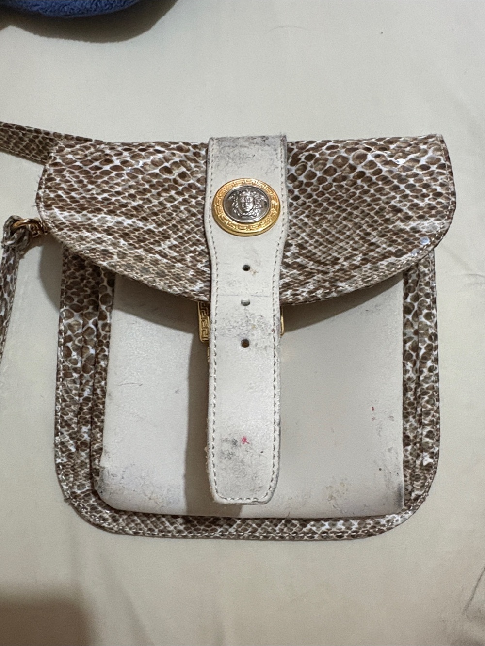 Versace White and Brown Snake-Print Crossbody